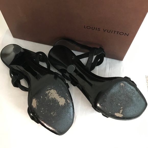 Louis Vuitton Vintage Black Satin Logo Sandals | Size 38.5 | 4.5” Heels + Box - Picture 3 of 11